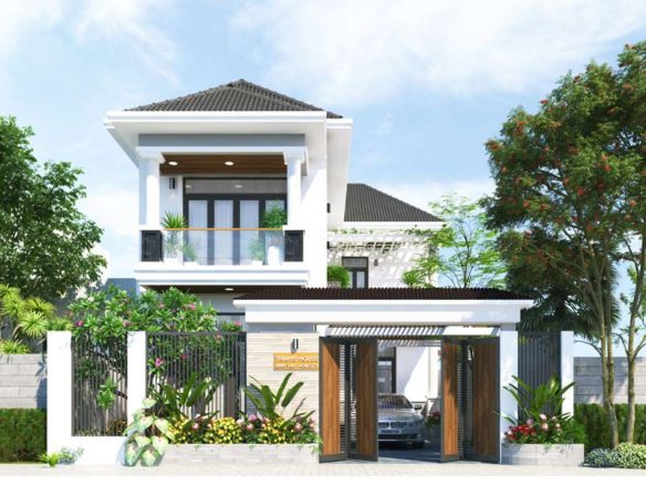 Mẫu Biệt Thự Vườn 2 Tầng Chữ L Đẹp Mái Thái