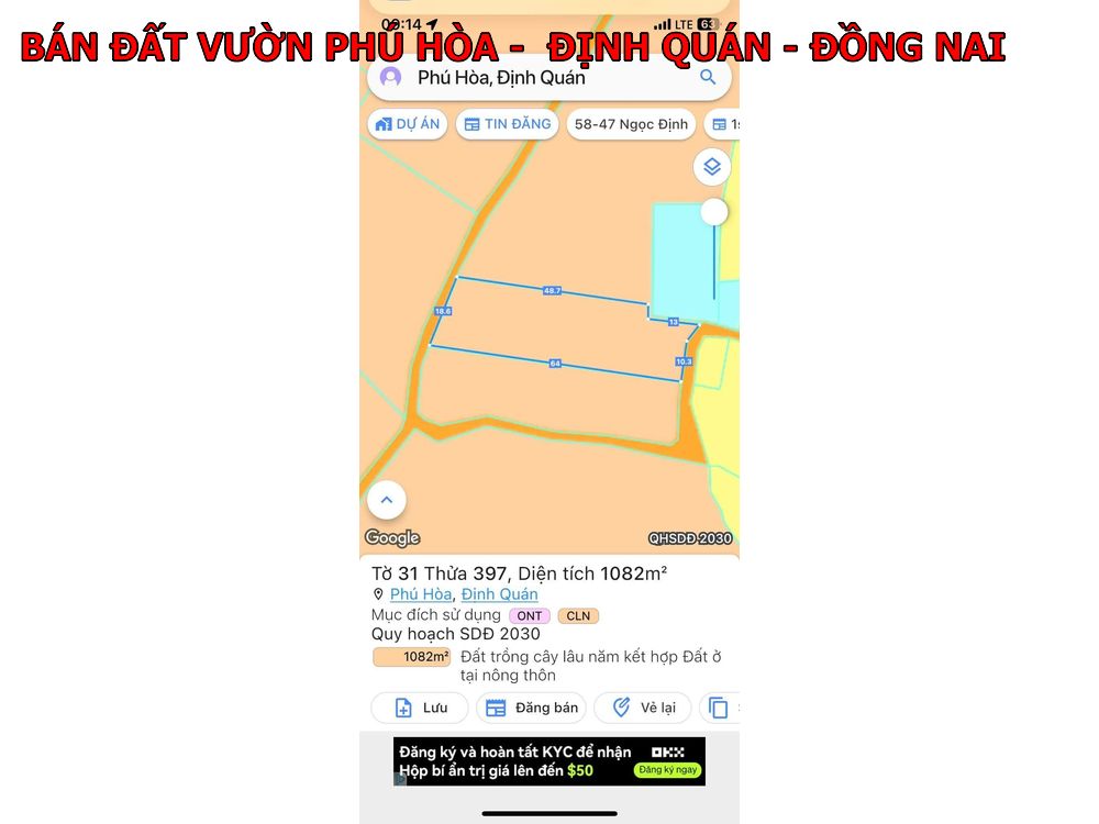 Bán đất vườn Phú Hòa Định Quán Đồng Nai giá chỉ 730tr có thổ cư