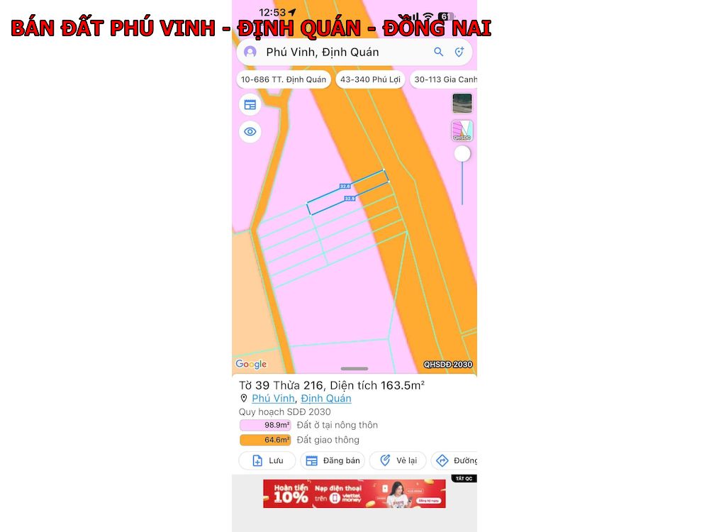 Bán đất mặt tiền nhựa Phú Vinh Định Quán tiện kinh doanh