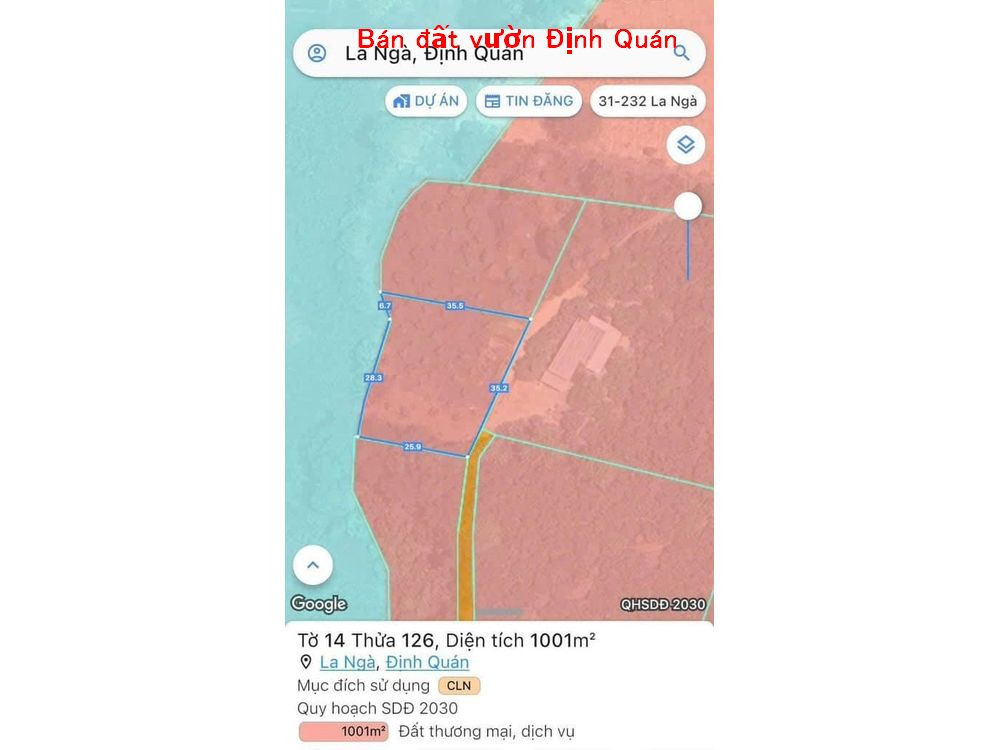 Bán đất vườn La Ngà Định Quán, Diện tích 2000m2, với 40m đất giáp hồ