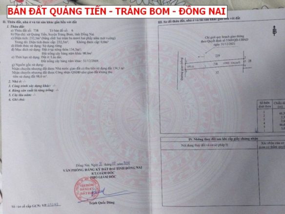 Bán 2 lô đất mặt tiền tại Quảng Tiến – Trảng Bom – Đồng Nai