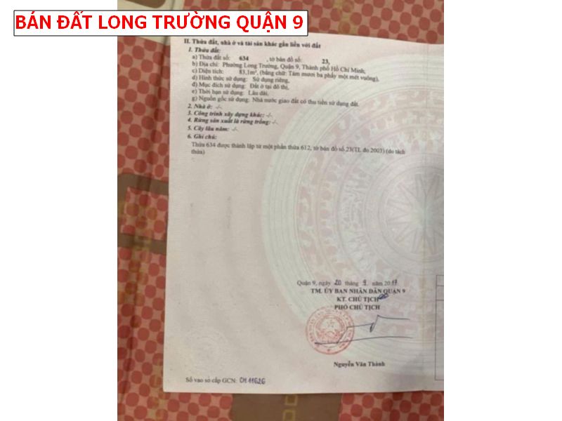 Bán đất hẻm 1147 Nguyễn Duy Trinh, Phường Long Trường, Quận 9