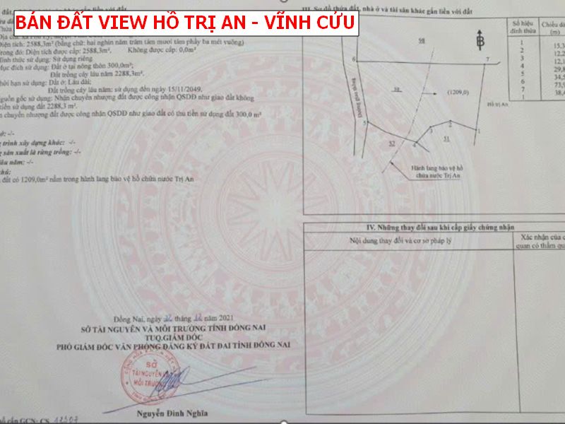 Bán đất view Hồ Trị An, xã Phú Lý, Huyện Vĩnh Cửu- 6100m2 có 900 thổ cư