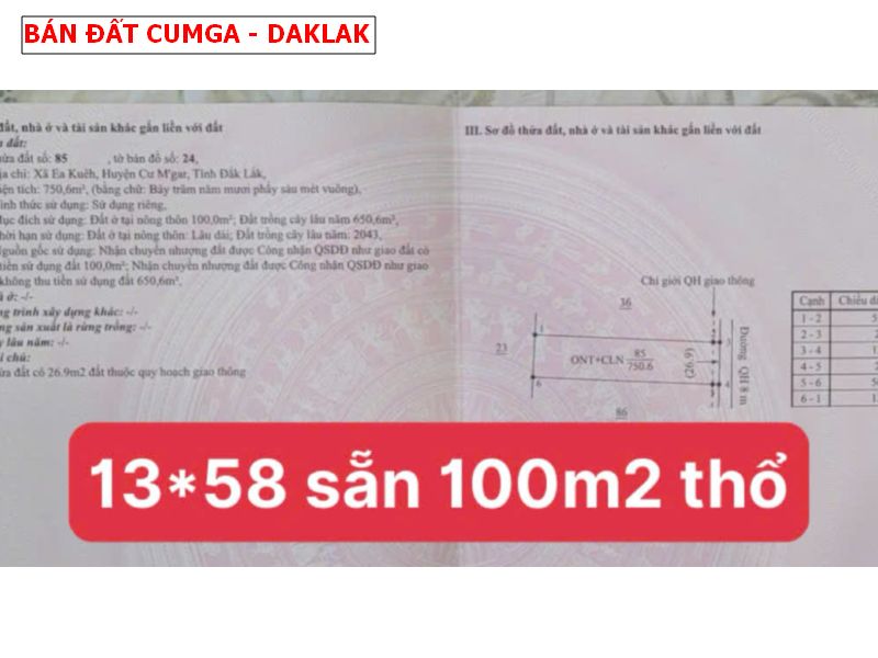 Bán đất Eakueh, Cumga, Daklak, gần khu du lịch buôn Wing giá chỉ 249tr