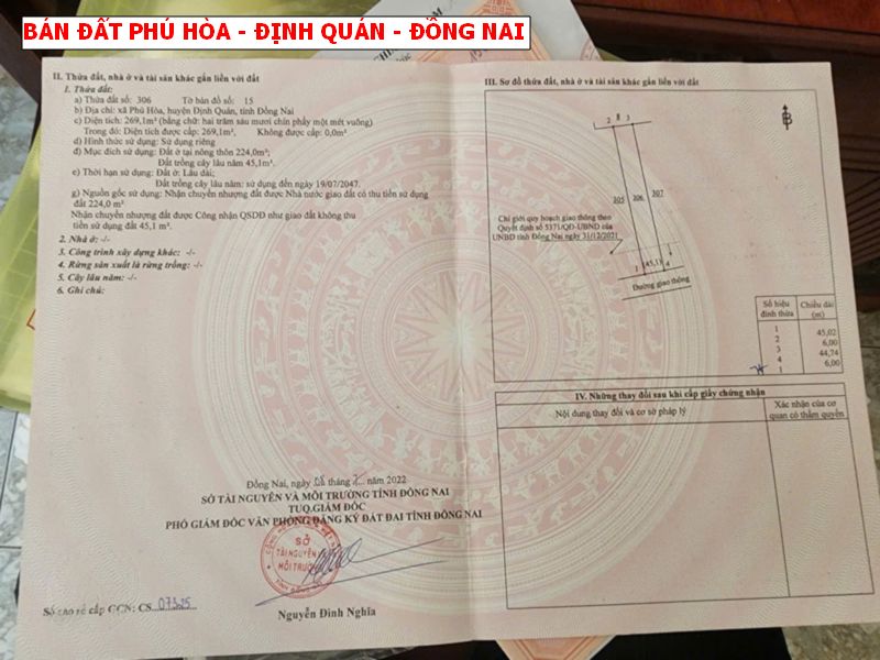 Bán đất Phú Hòa – Định Quán – Đồng Nai, 6 x 45m full thổ, gần chợ
