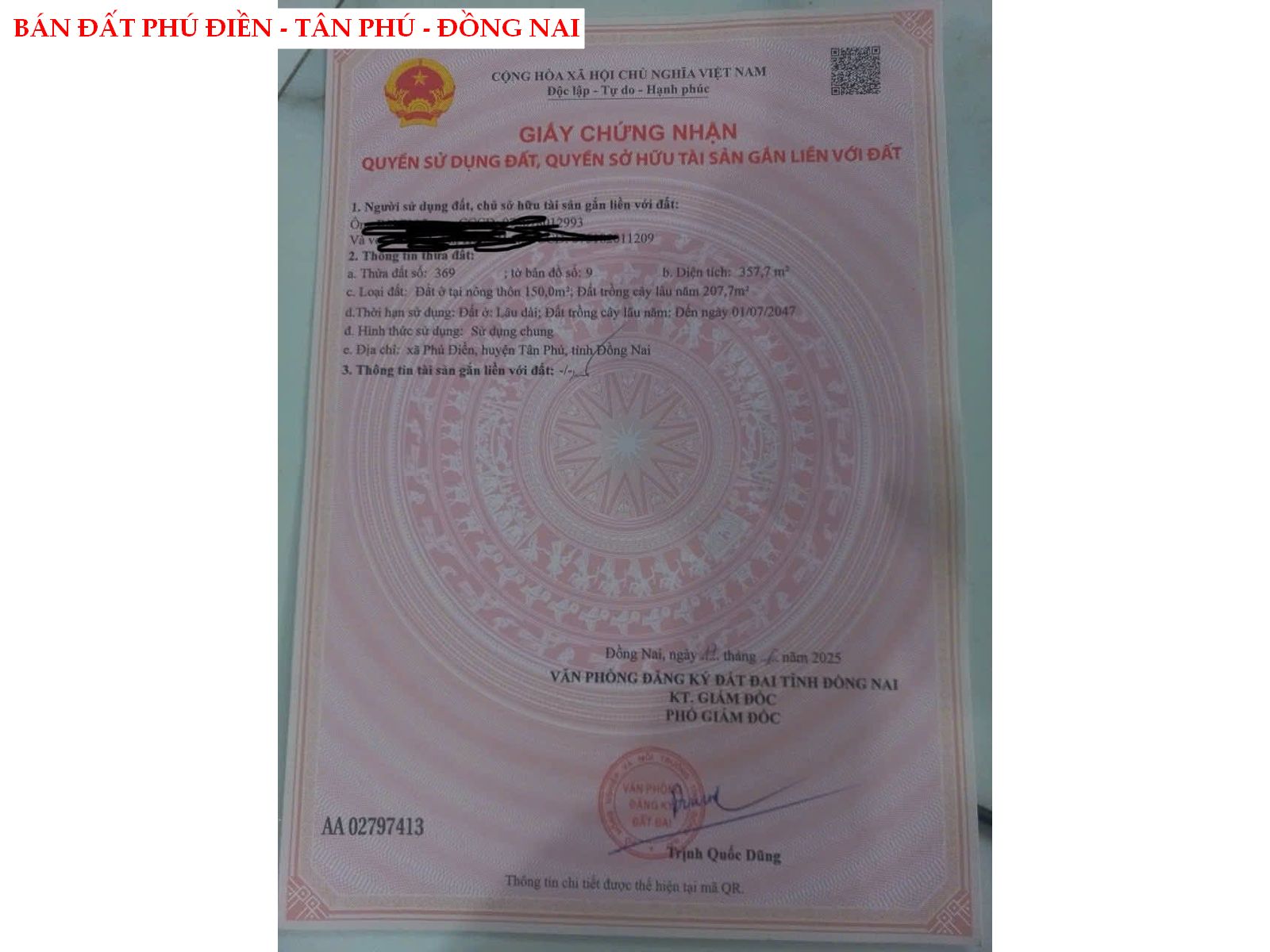 Bán đất Phú Điền – Tân Phú – Đồng Nai giá tốt