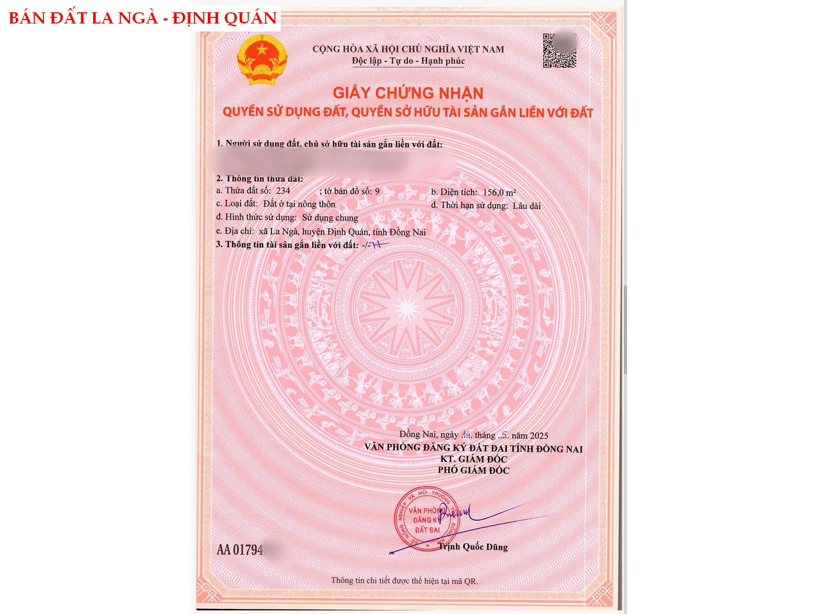 Bán đất La Ngà – Định Quán, gần Hồ Trị An, sổ sẵn giá chỉ 490tr