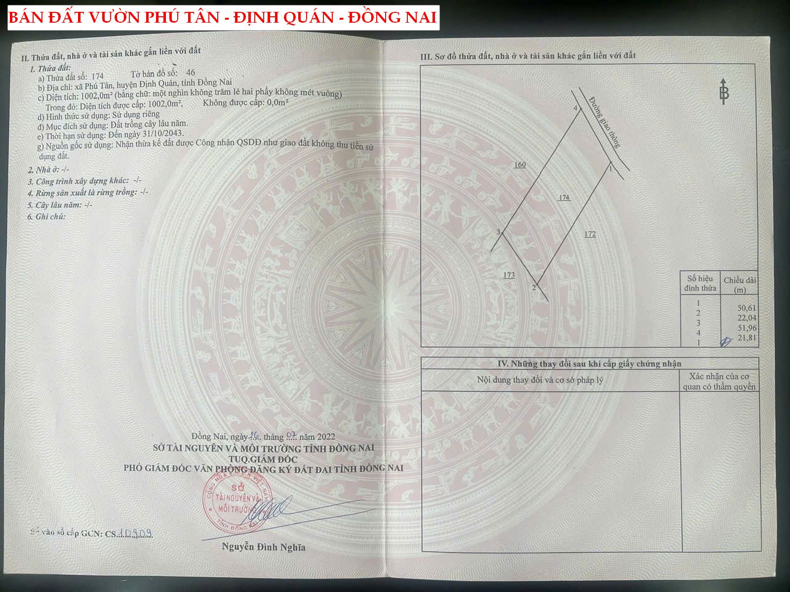 Bán đất vườn Phú Tân – Định Quán giá 790tr, ngang 22m bám đường betong đẹp