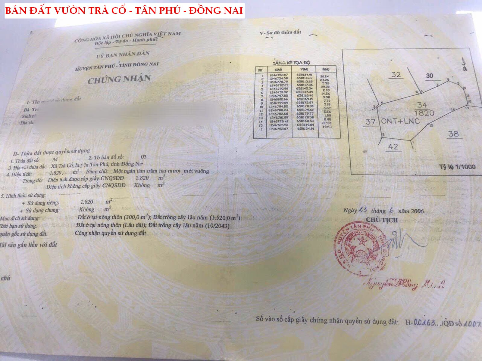 Bán đất vườn tại Trà Cổ – Tân Phú – Đồng Nai có sẵn thổ cư giá rẻ