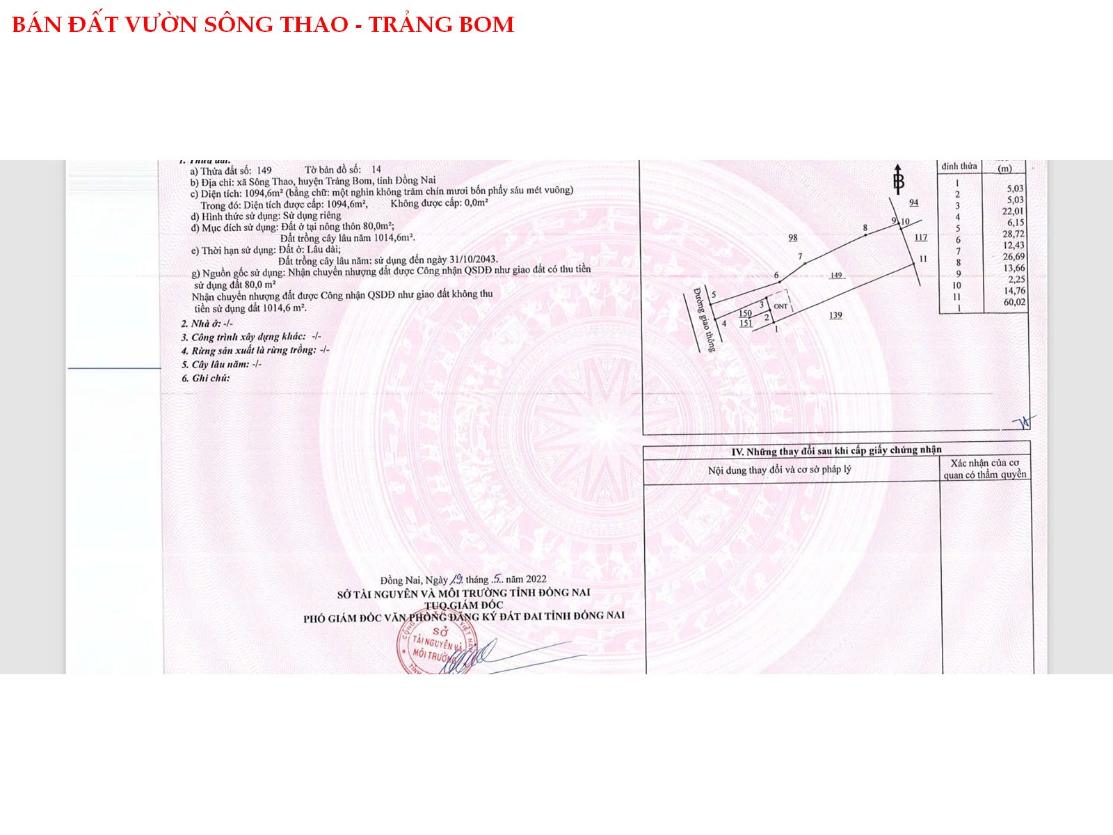Bán đất vườn Sông Thao – Trảng Bom, full hồng có thổ cư
