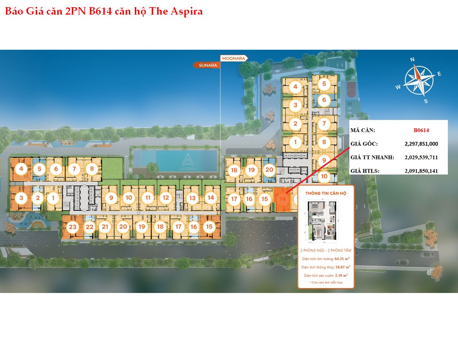 Căn hộ 2PN tại The Aspira giá tốt, báo giá căn hộ B614