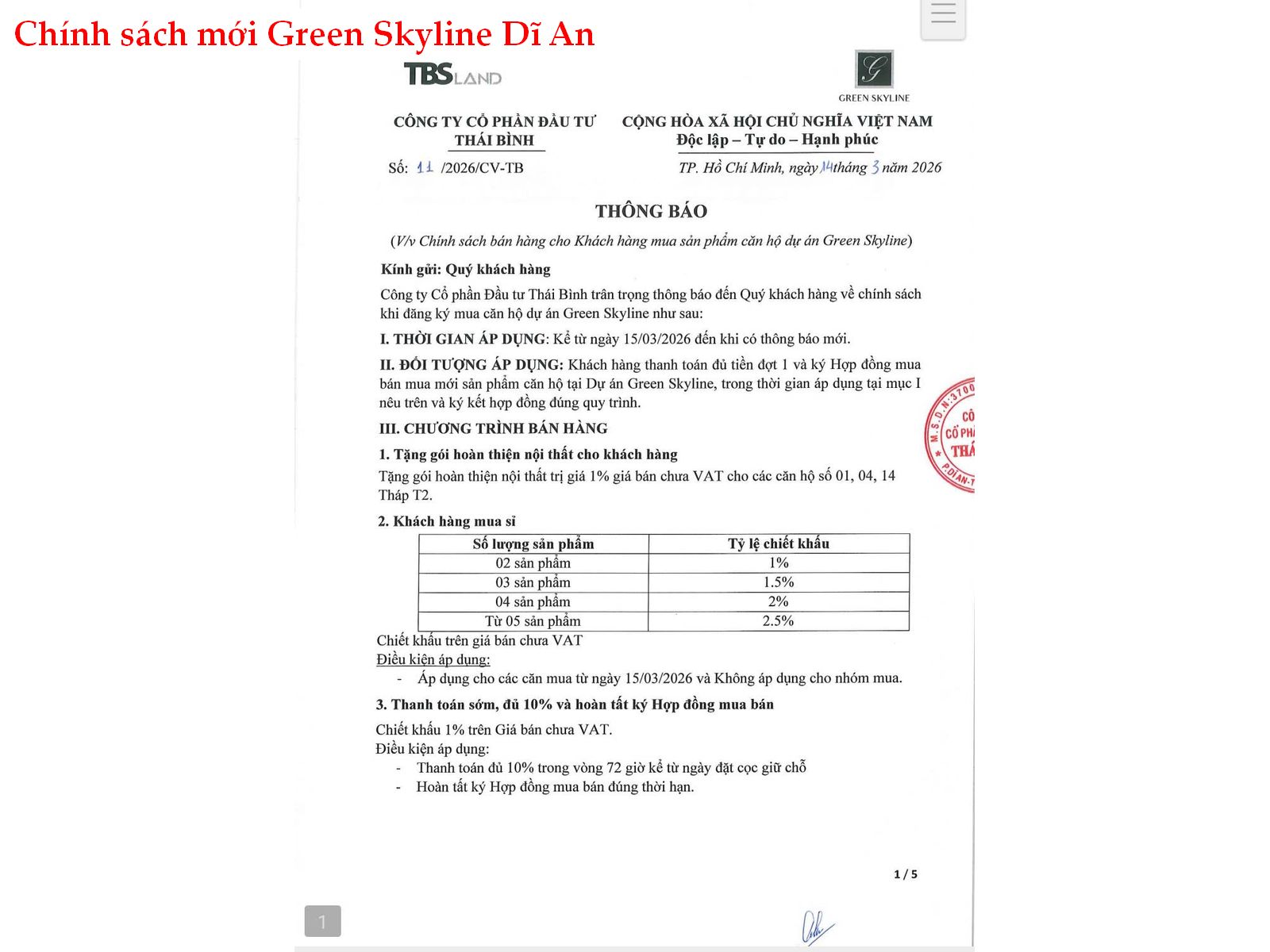 Green Skyline công bố chính sách bán hàng mới từ ngày 16/3 – nhiều ưu đãi hấp dẫn cho khách mua sớm