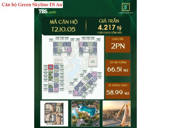 Green Skyline – Căn hộ 2PN 2WC tầng cao tòa T2 giá tốt
