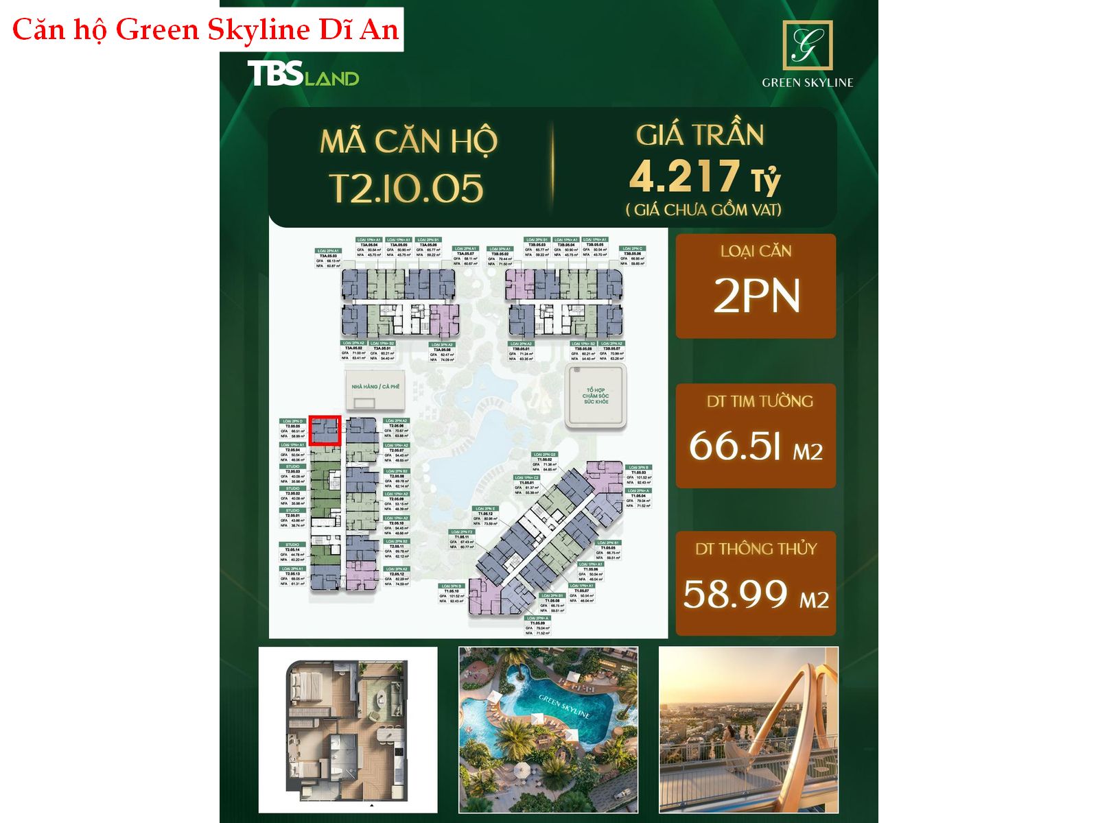 Green Skyline – Căn hộ 2PN 2WC tầng cao tòa T2 giá tốt