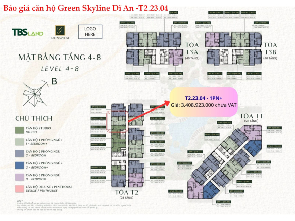 Báo giá căn hộ 1PN+ T2.23.04 – Green Skyline (Tầng cao, view thoáng)