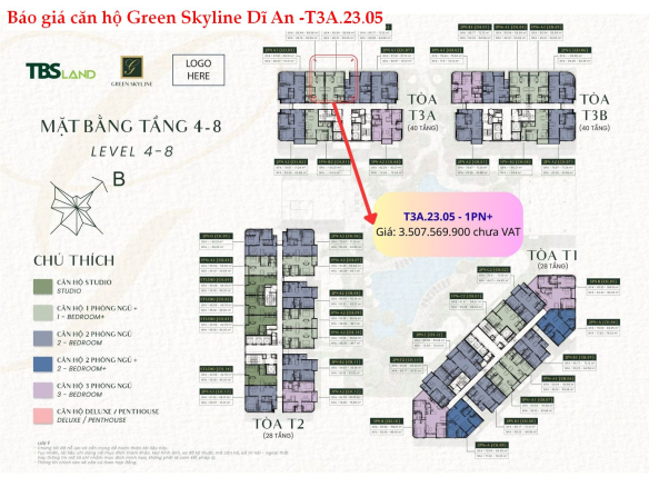 Báo giá căn hộ 1PN+ T3A.23.05 – Green Skyline (Thiết kế linh hoạt, tầng cao thoáng)