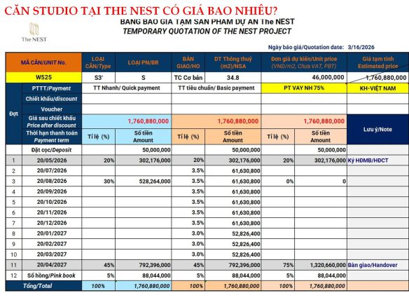 CĂN STUDIO TẠI THE NEST CÓ GIÁ BAO NHIÊU?