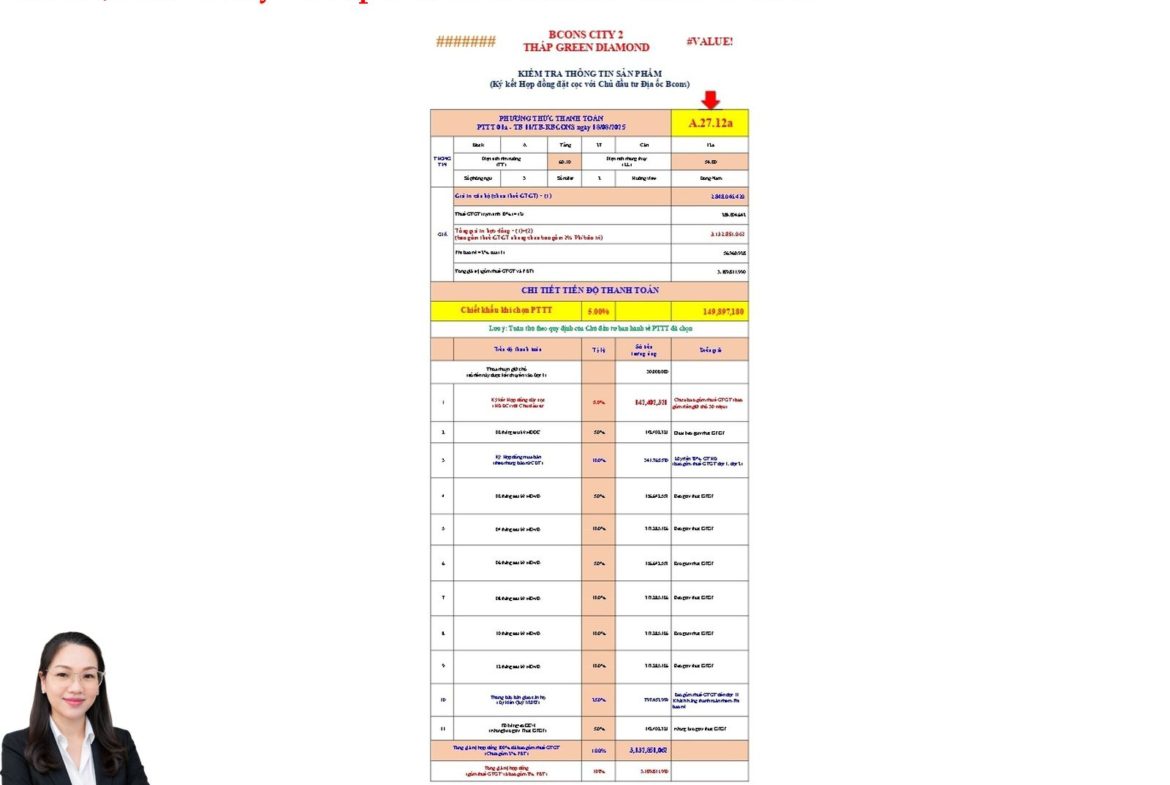 GIÁ BÁN CĂN HỘ BCONS CITY THÁP GREEN DIAMOND, CĂN A27.12A – 2PN