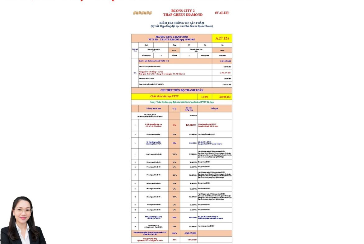 GIÁ BÁN CĂN HỘ BCONS CITY THÁP GREEN DIAMOND, CĂN A27.12A – 2PN
