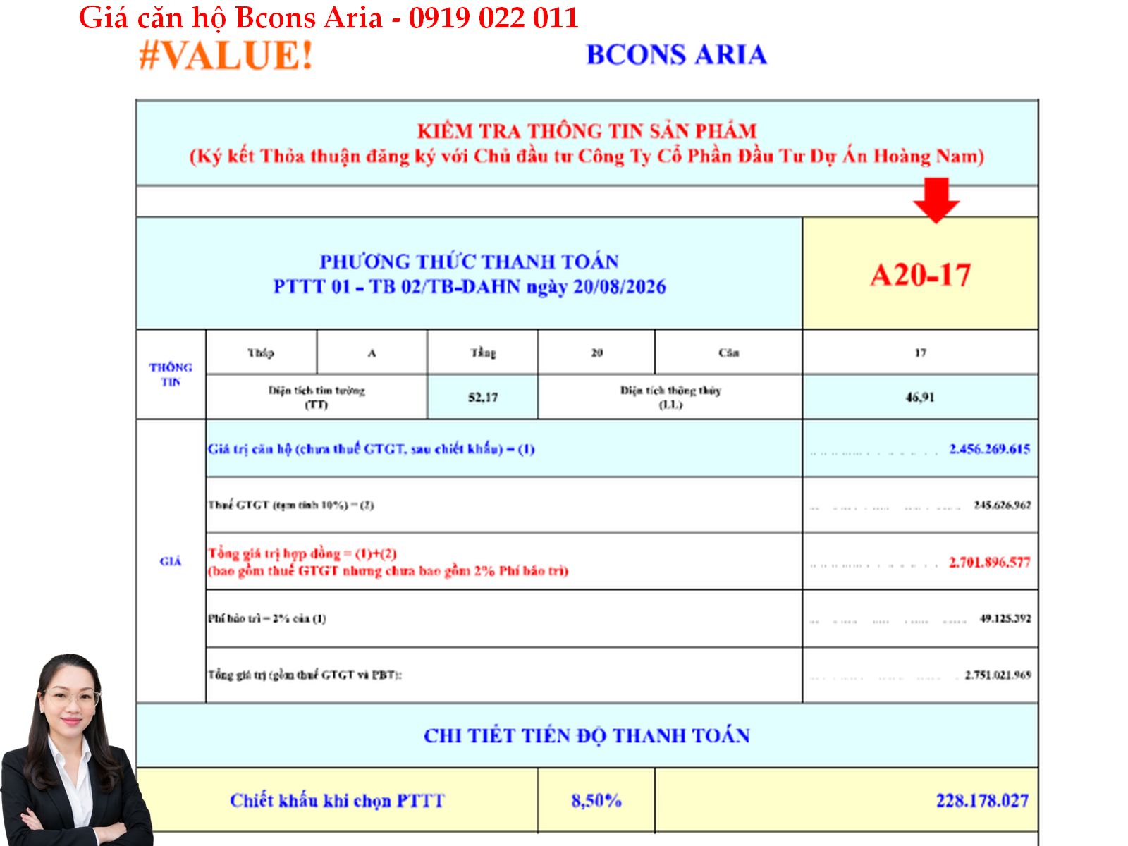 Báo giá căn hộ 2 phòng ngủ Bcons Aria A20-07 mới nhất