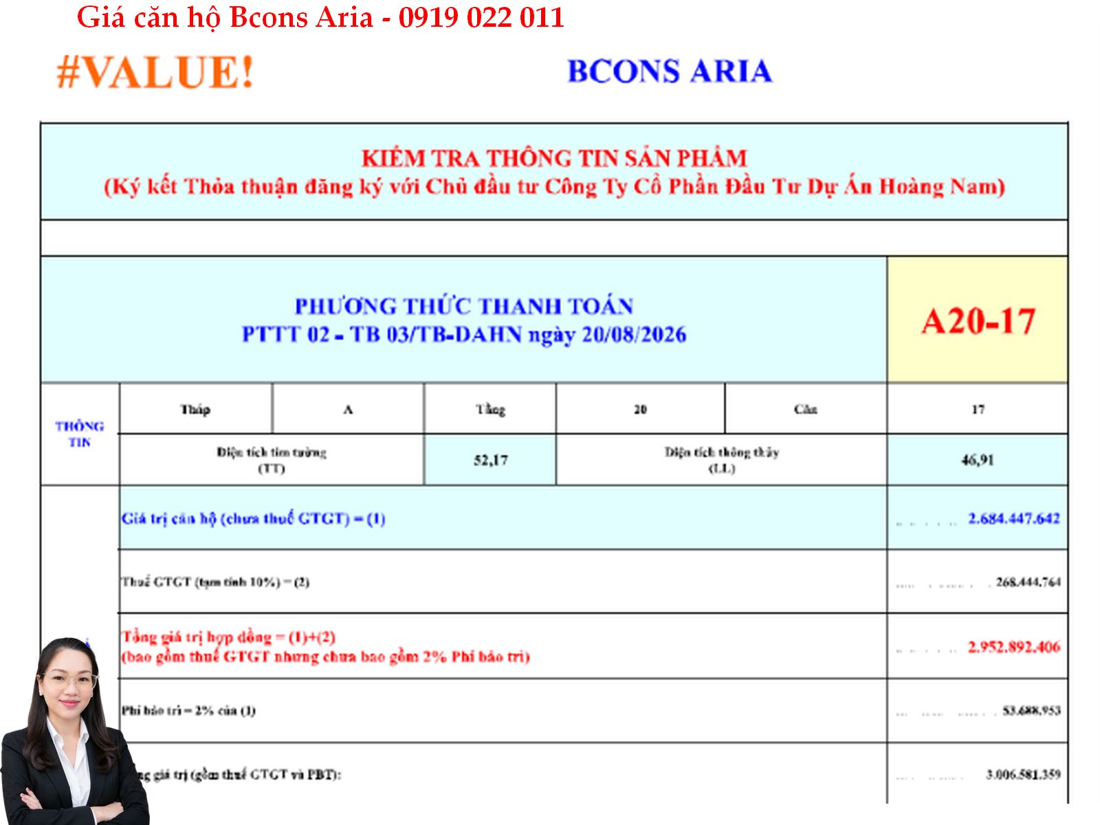 Báo giá căn hộ 2 phòng ngủ Bcons Aria A20-07 mới nhất