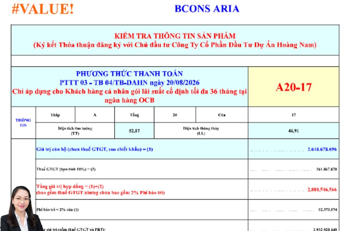 Báo giá căn hộ 2 phòng ngủ Bcons Aria A20-07 mới nhất