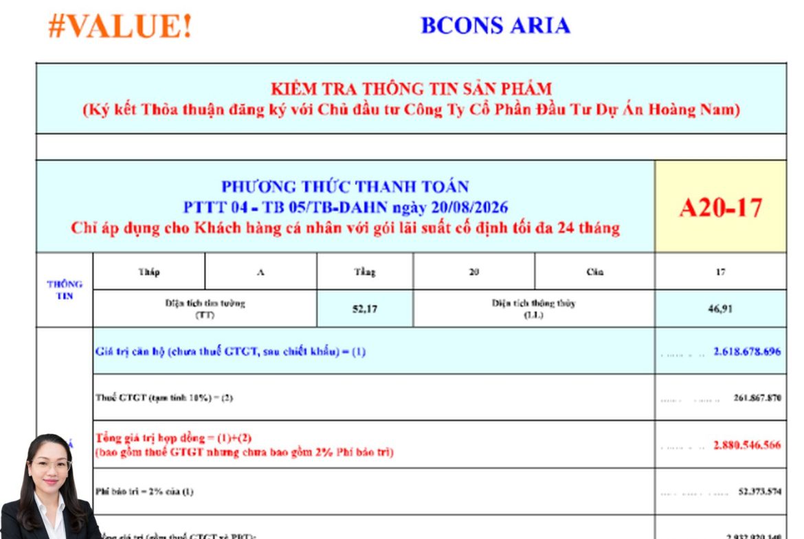 Báo giá căn hộ 2 phòng ngủ Bcons Aria A20-07 mới nhất