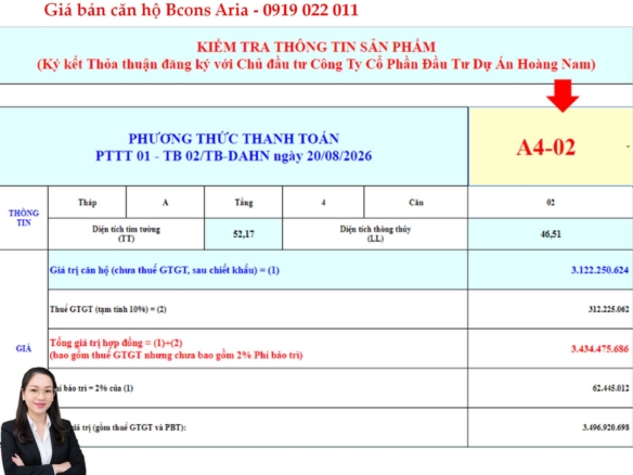 Báo giá căn hộ sân vườn Bcons Aria A4-02 – Sở hữu không gian xanh riêng 71,2 m²