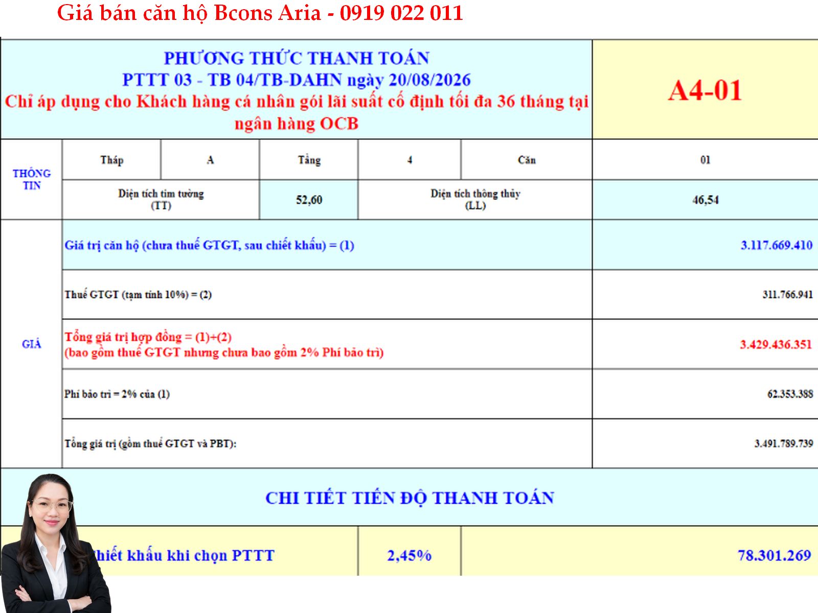 Báo giá căn hộ sân vườn Bcons Aria A4-01 – Sân vườn riêng 68,28m²