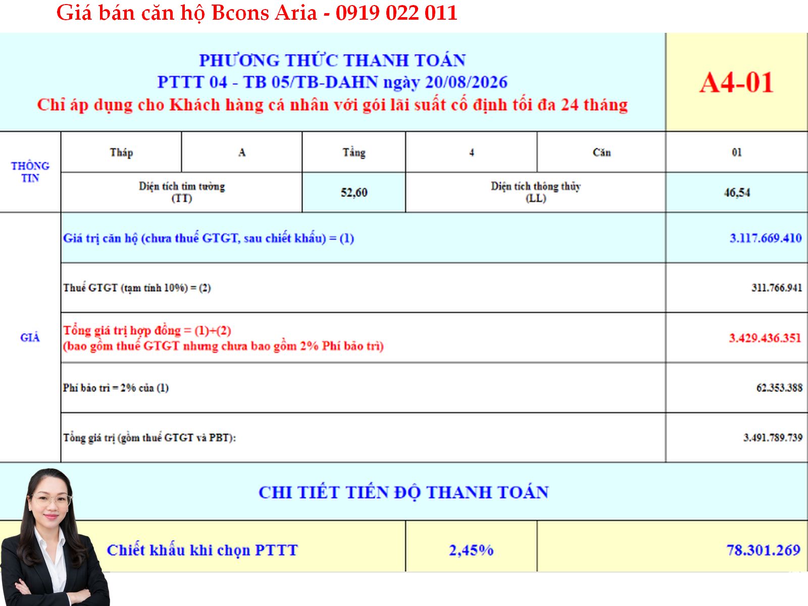 Báo giá căn hộ sân vườn Bcons Aria A4-01 – Sân vườn riêng 68,28m²