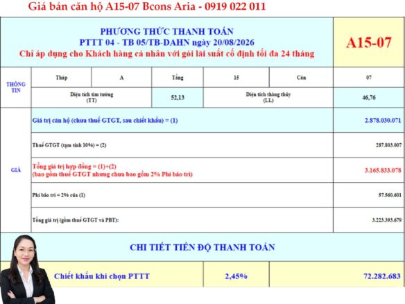 Báo giá căn hộ 2 phòng ngủ Bcons Aria A15-07