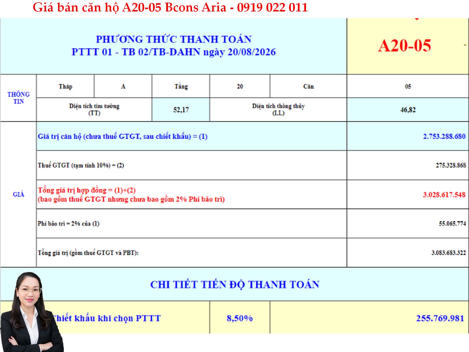 Giá bán căn hộ Bcons Aria A20-05 - liên hệ 0919 022 011 nhận chi tiết thanh toán