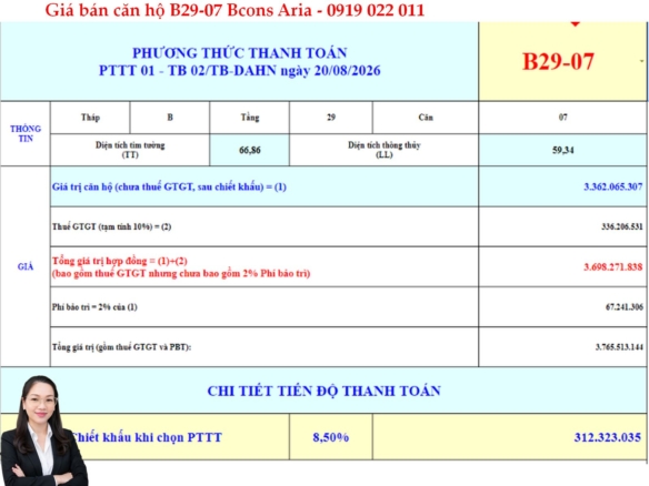 Báo giá Căn hộ Bcons Aria B29-07- 2pn 2wc diện tích 67m2