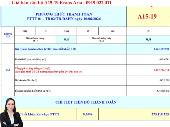 BẢNG GIÁ CĂN HỘ BCONS ARIA A15-19 MỚI NHẤT