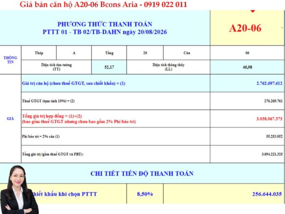BẢNG GIÁ CĂN HỘ BCONS ARIA A20-06 – DIỆN TÍCH 52,17M², GIÁ TỪ 3,09 TỶ ĐỒNG