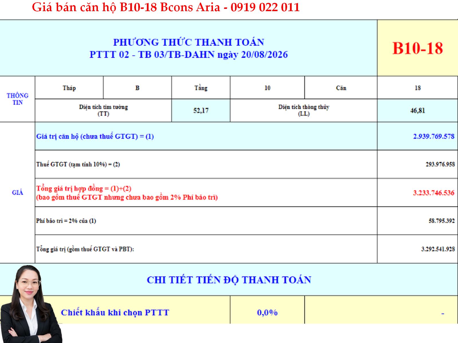 Giá bán căn hộ 2 phòng ngủ tạinBcons Aria B10-18: Căn hộ giá từ 3,01 tỷ đồng với 4 phương án thanh toán
