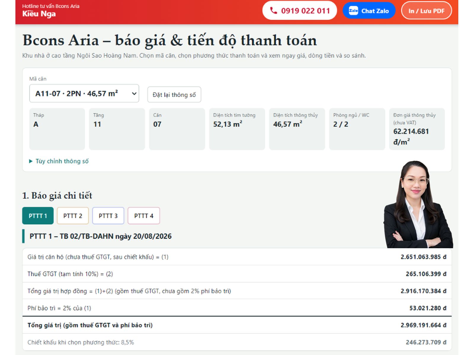 Báo giá căn hộ Bcons Aria A11-07: Diện tích 52,13m², giá từ 2,96 tỷ đồng