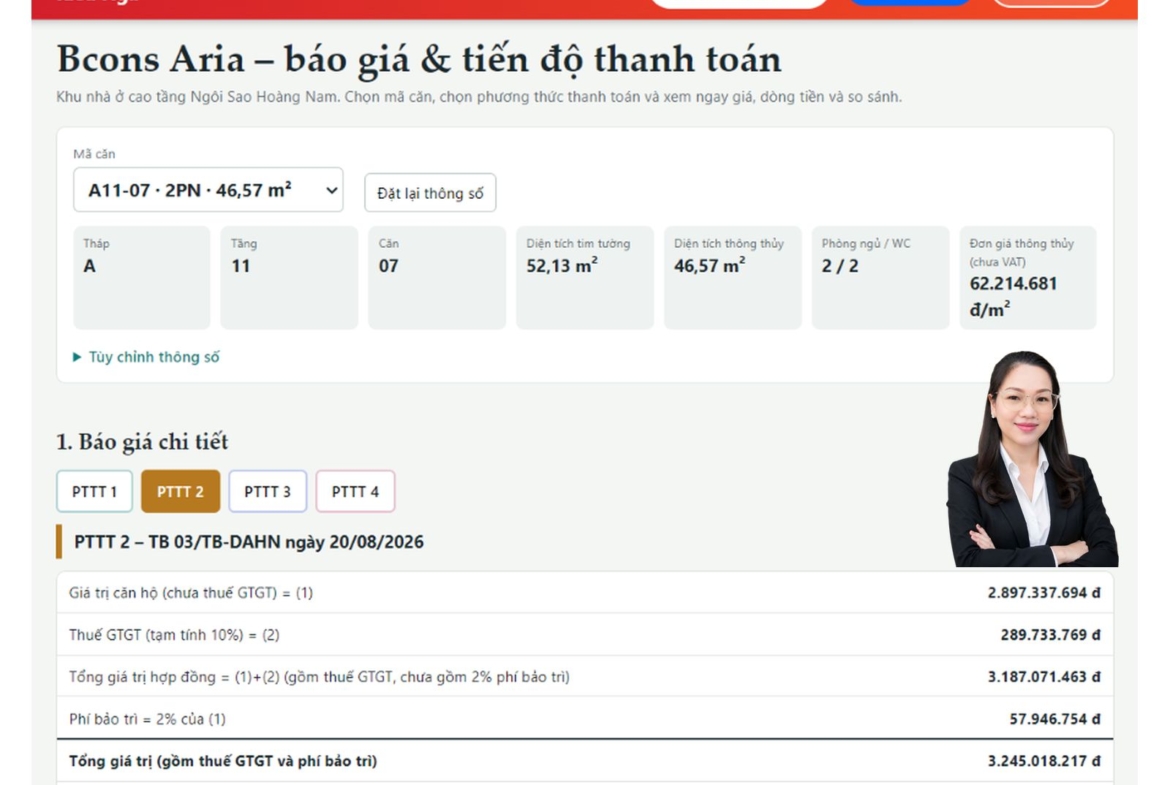 Báo giá căn hộ Bcons Aria A11-07: Diện tích 52,13m², giá từ 2,96 tỷ đồng