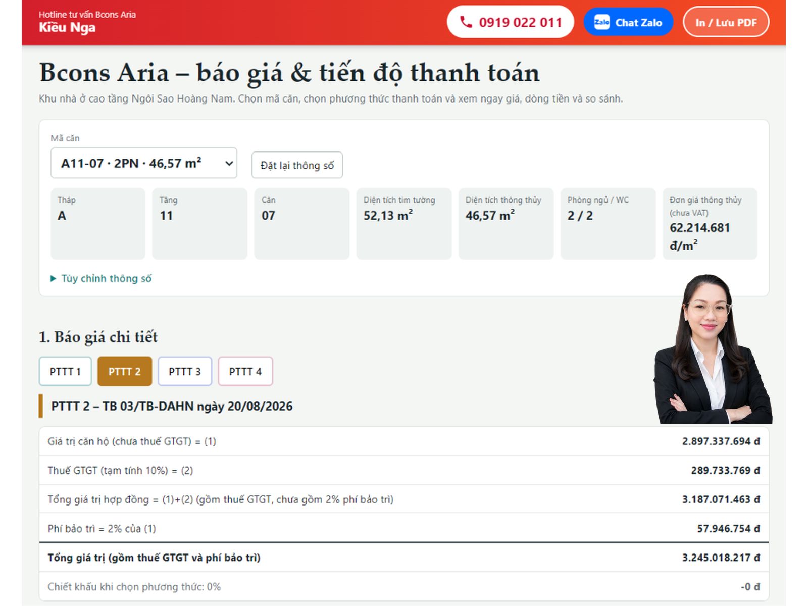 Báo giá căn hộ Bcons Aria A11-07: Diện tích 52,13m², giá từ 2,96 tỷ đồng