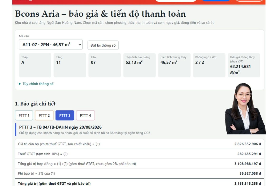 Báo giá căn hộ Bcons Aria A11-07: Diện tích 52,13m², giá từ 2,96 tỷ đồng