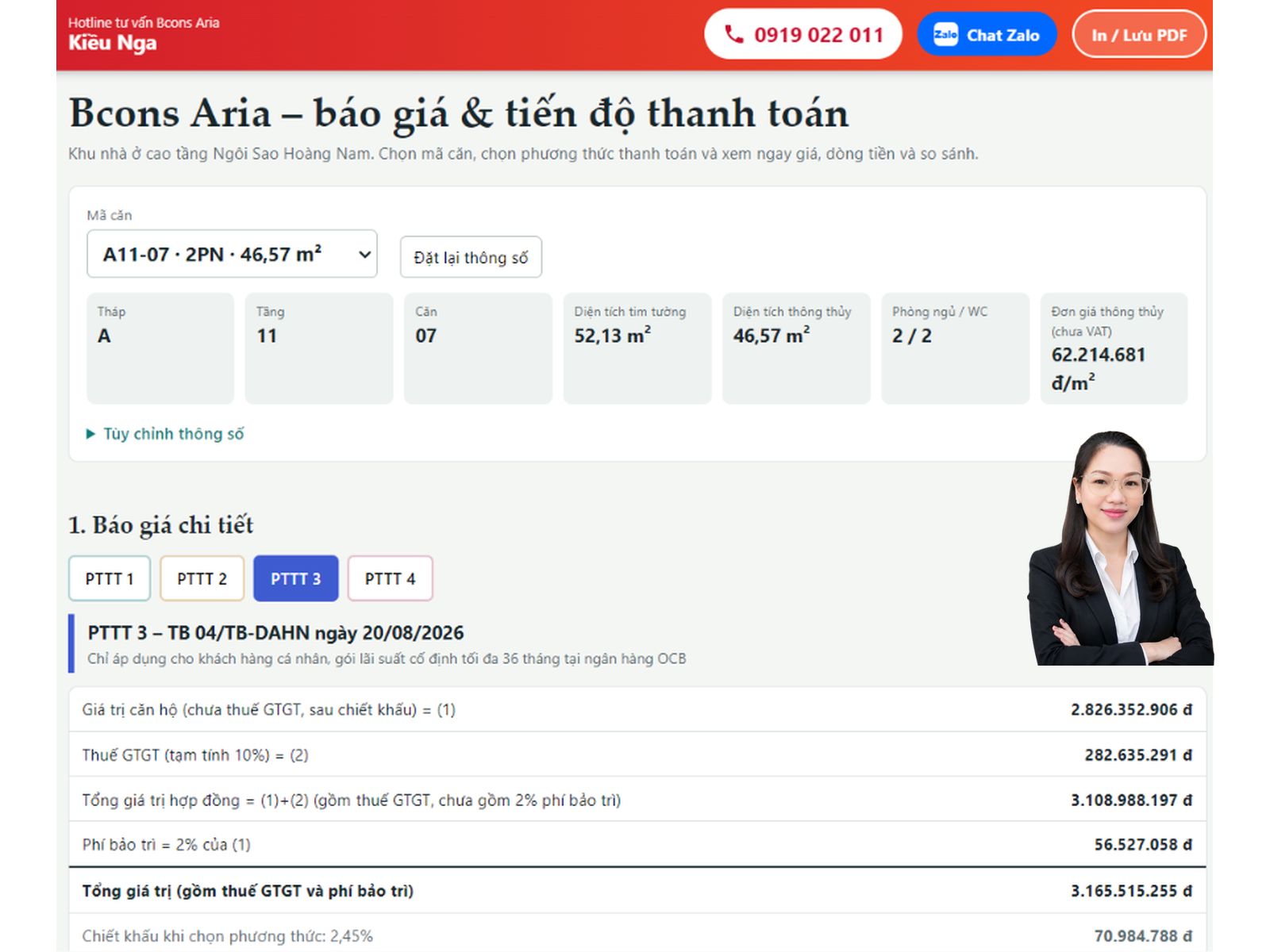 Báo giá căn hộ Bcons Aria A11-07: Diện tích 52,13m², giá từ 2,96 tỷ đồng