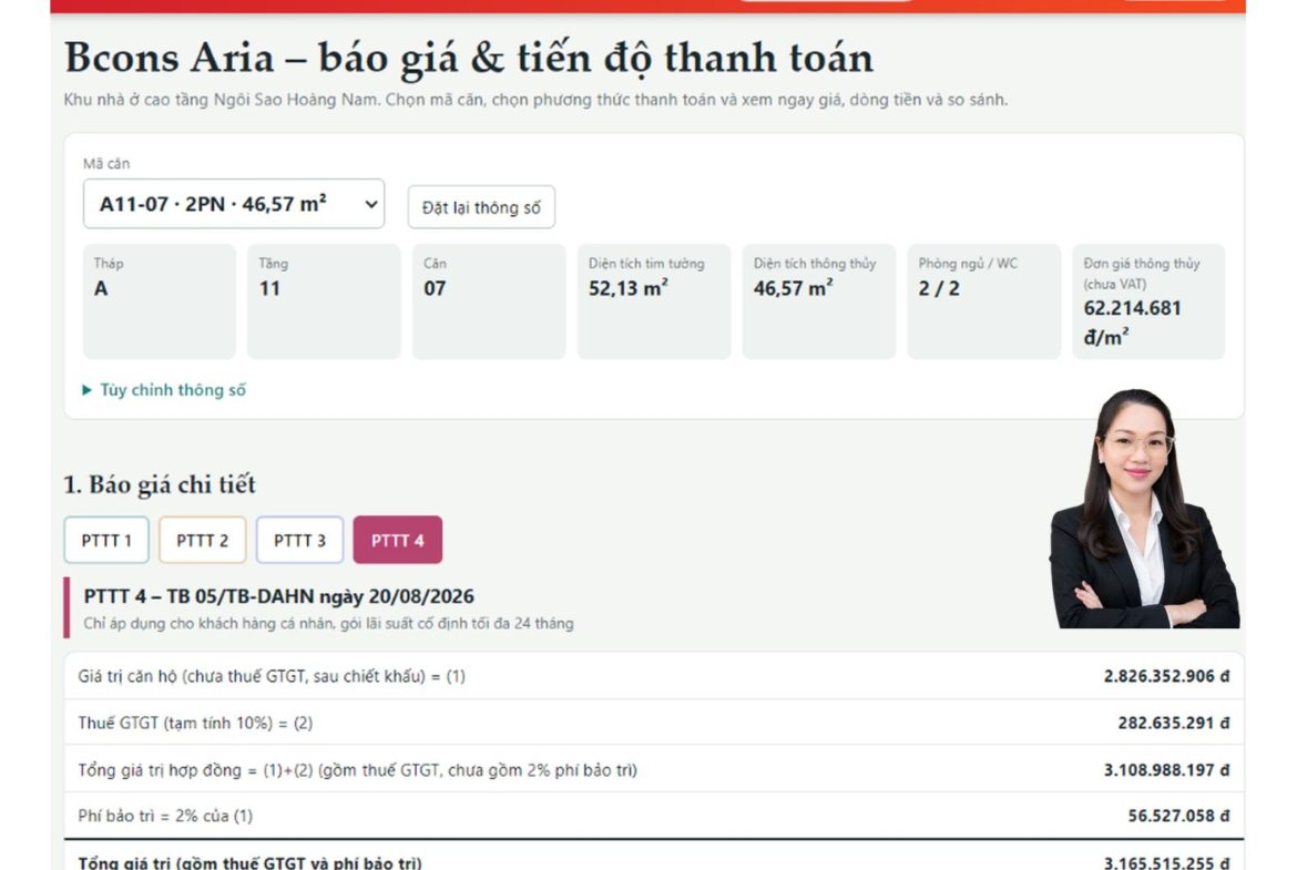 Báo giá căn hộ Bcons Aria A11-07: Diện tích 52,13m², giá từ 2,96 tỷ đồng