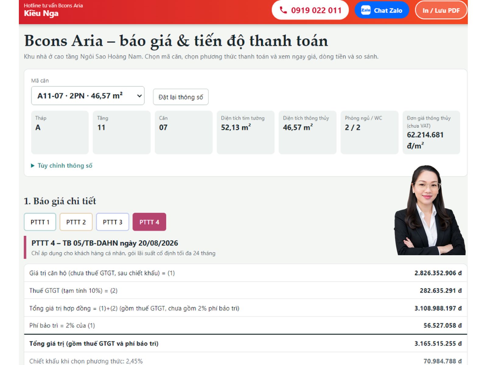 Báo giá căn hộ Bcons Aria A11-07: Diện tích 52,13m², giá từ 2,96 tỷ đồng