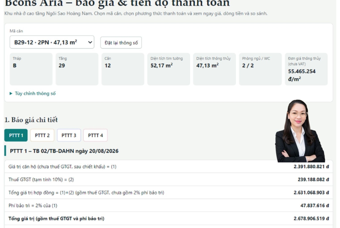Báo giá căn hộ Bcons Aria B29-12: Diện tích 52,17m², giá chỉ từ 2,67 tỷ đồng